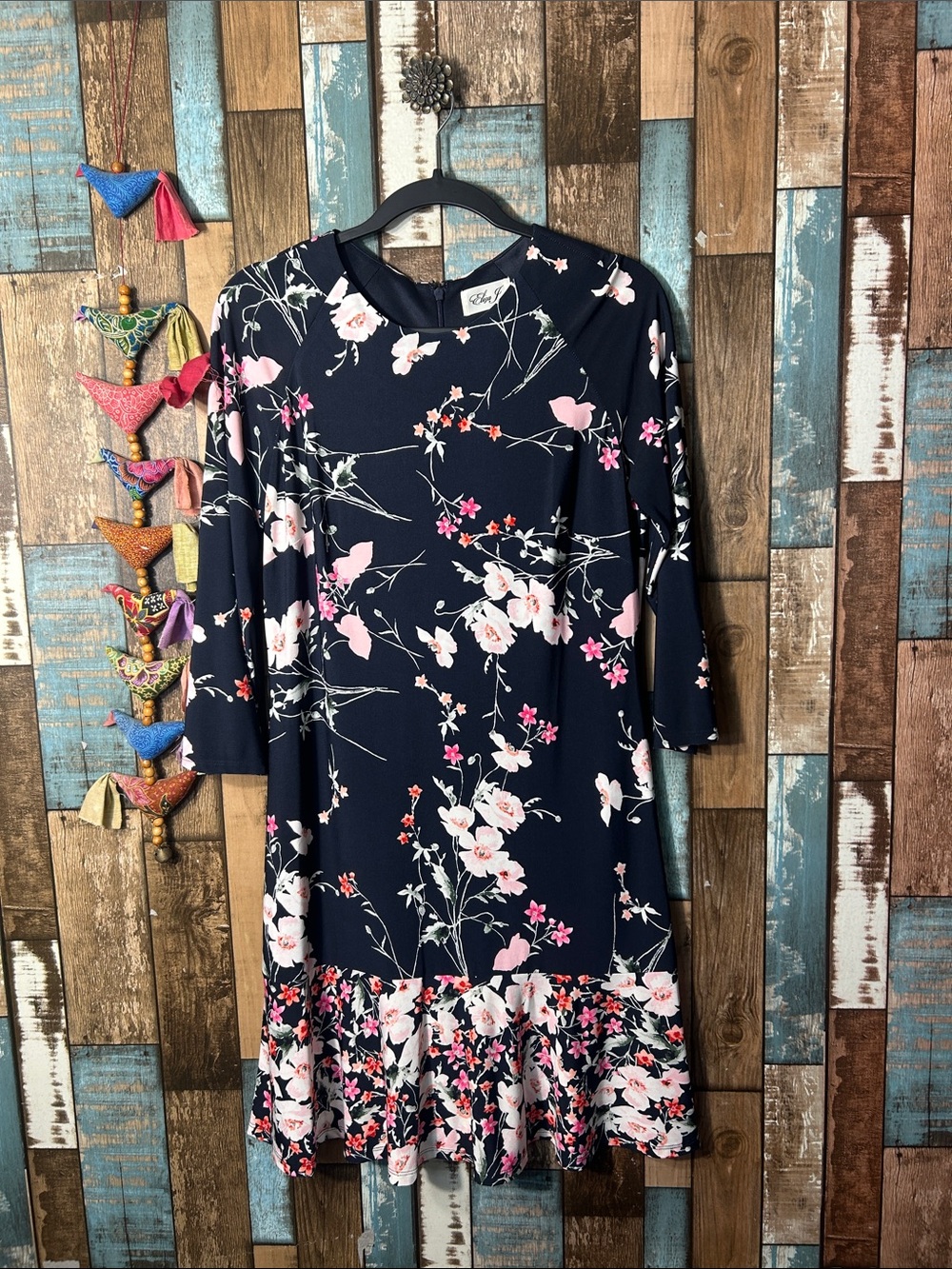 Eliza J Floral Navy Ruffle-Hem Long Sleeve Dress